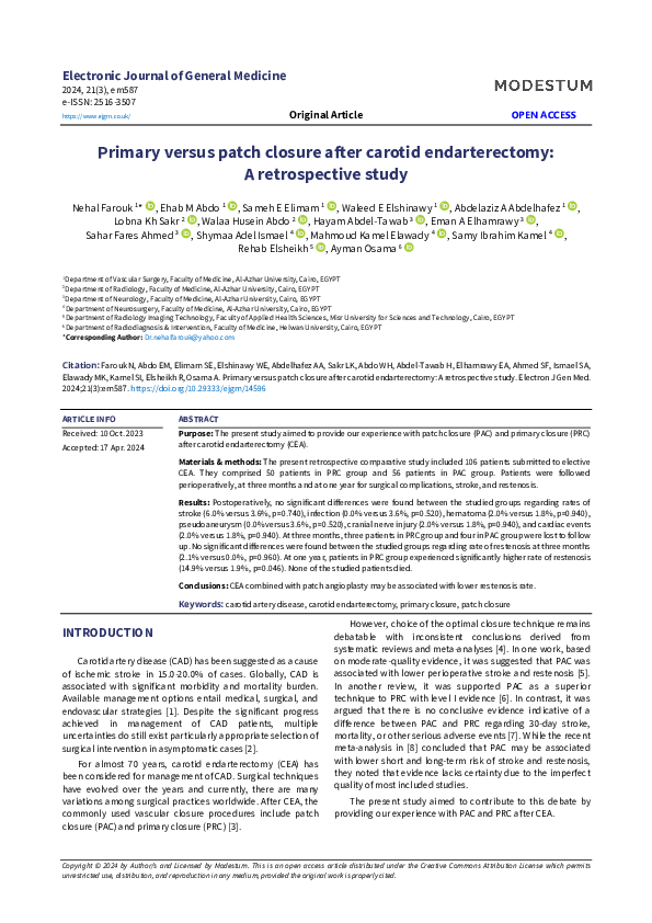 (PDF) Primary versus patch closure after carotid endarterectomy: A ...