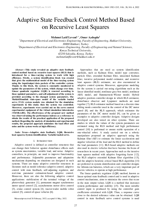 (PDF) Adaptive State Feedback Control Method Based on Recursive Least ...