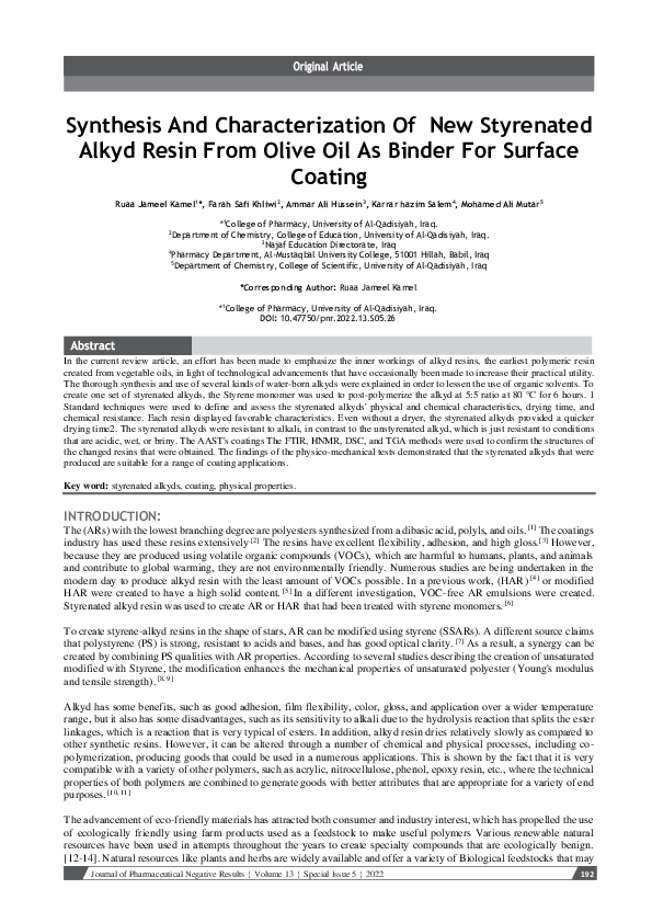 (PDF) Synthesis And Characterization Of New Styrenated Alkyd Resin From ...