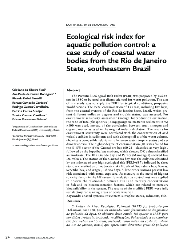 (PDF) Ecological risk index for aquatic pollution control: a case study ...