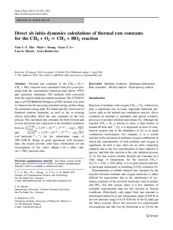 (PDF) Direct ab initio dynamics calculations of thermal rate constants ...