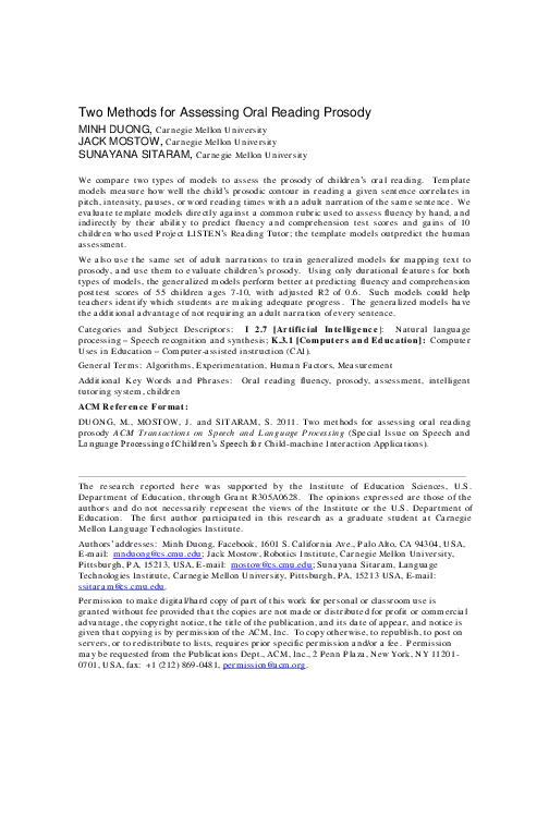 (PDF) Two methods for assessing oral reading prosody