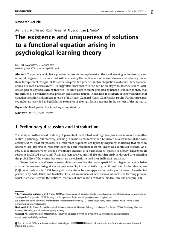 (PDF) The existence and uniqueness of solutions to a functional ...
