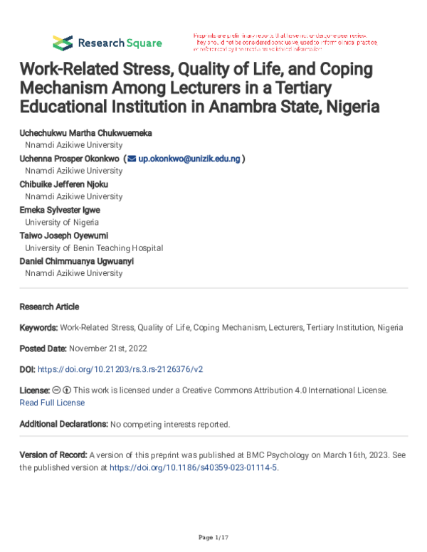 (PDF) Work-Related Stress, Quality of Life, and Coping Mechanism Among ...
