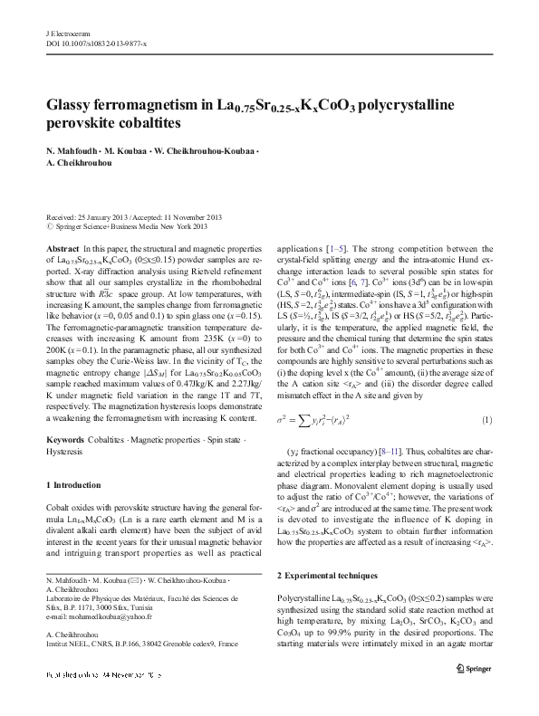 (PDF) Glassy ferromagnetism in La0.75Sr0.25-xKxCoO3 polycrystalline ...