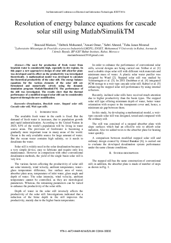 (PDF) Resolution of energy balance equations for cascade solar still ...