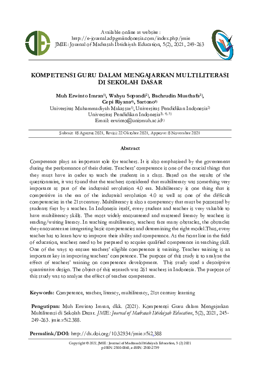 (PDF) Kompetensi Guru Dalam Mengajarkan Multiliterasi DI Sekolah Dasar