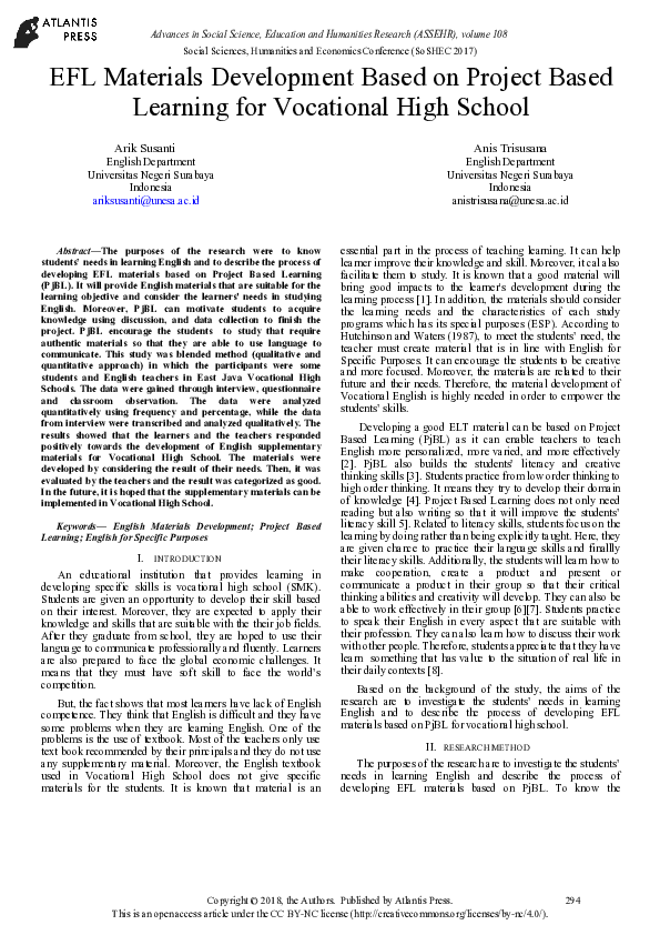 (PDF) EFL Materials Development Based on Project Based Learning for ...