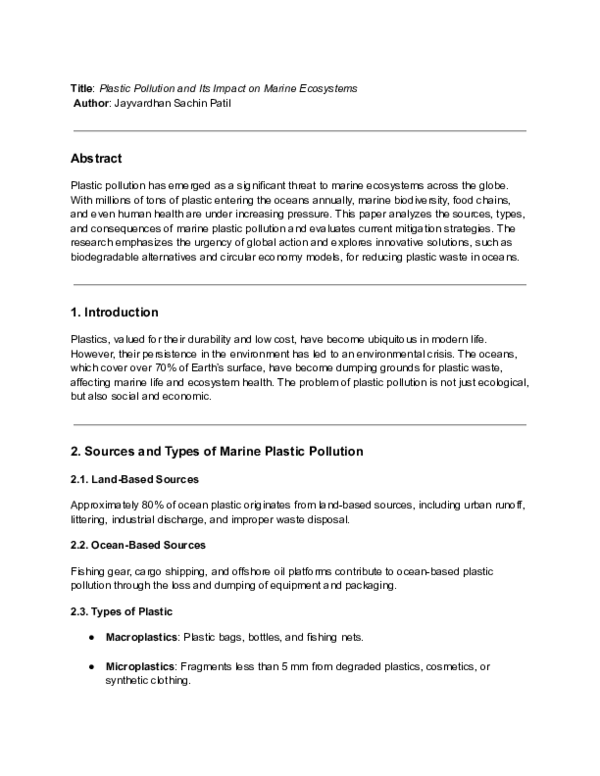 (PDF) Plastic Pollution and Its Impact on Marine Ecosystems