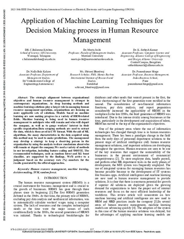 (PDF) Application of Machine Learning Techniques for Decision Making ...