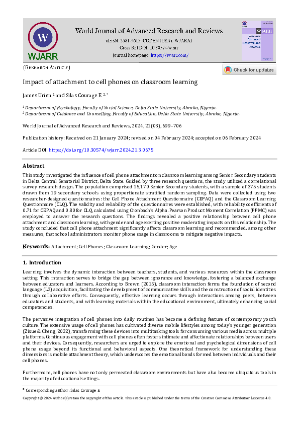 (PDF) Impact of attachment to cell phones on classroom learning