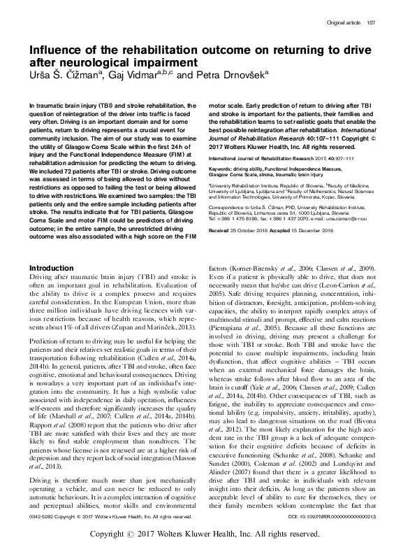 (PDF) Influence of the rehabilitation outcome on returning to drive ...