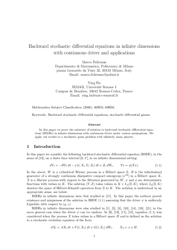 (PDF) Backward Stochastic Differential Equations in Infinite Dimensions ...