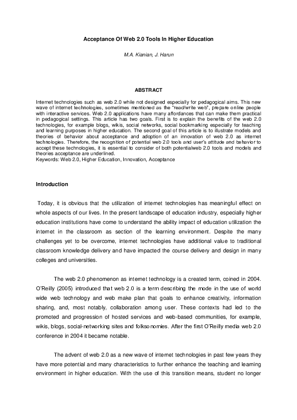 (PDF) Acceptance Of web 2.0 tools in higher education