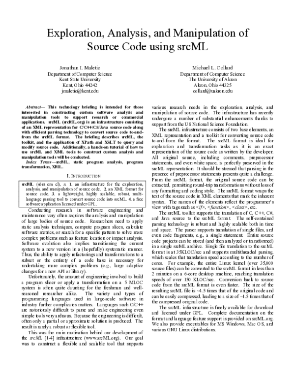 (PDF) Exploration, analysis, and manipulation of source code using srcML