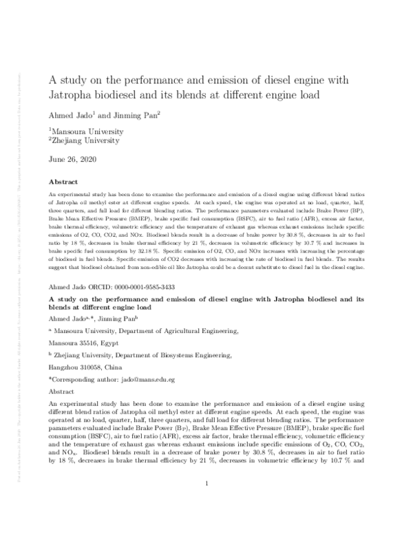 (PDF) A study on the performance and emission of diesel engine with ...