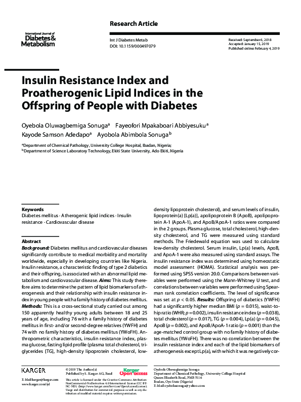 (PDF) Insulin Resistance Index and Proatherogenic Lipid Indices in the ...