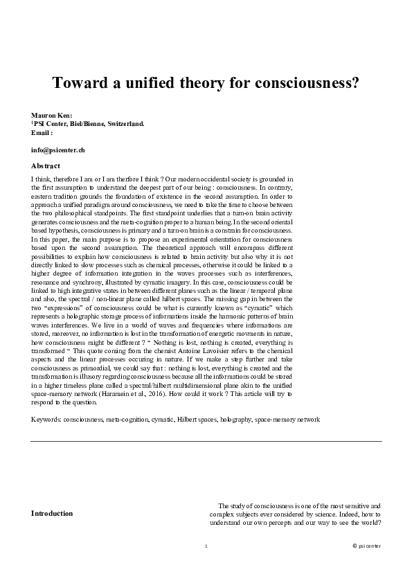 (PDF) Toward a unified theory for consciousness