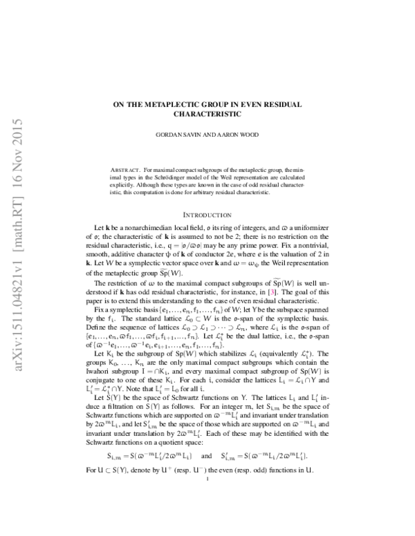 (PDF) On the metaplectic group in even residual characteristic