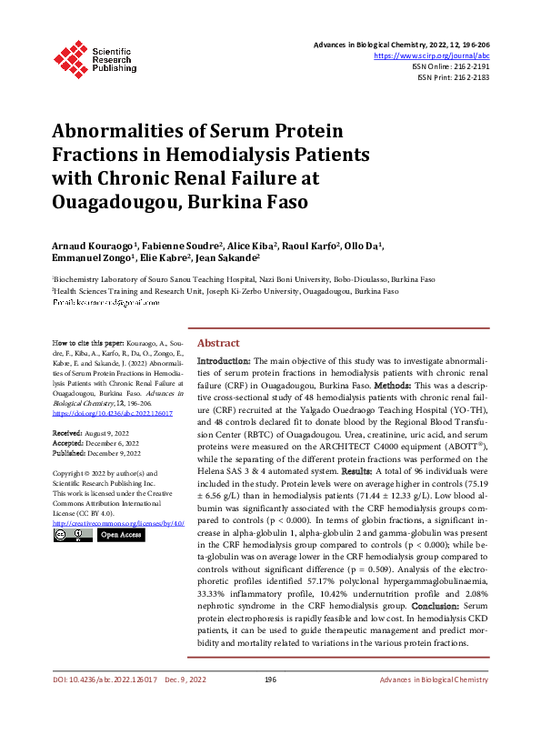 (PDF) Abnormalities of Serum Protein Fractions in Hemodialysis Patients ...