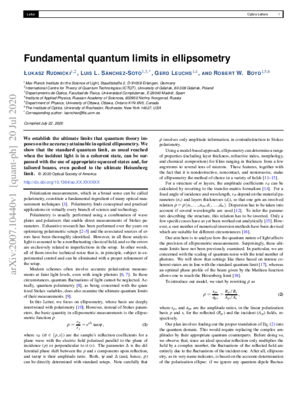 (PDF) Fundamental quantum limits in ellipsometry