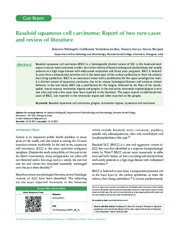 (PDF) Basaloid squamous cell carcinoma: Report of two rare cases and ...