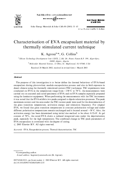 (PDF) Characterisation of EVA encapsulant material by thermally ...