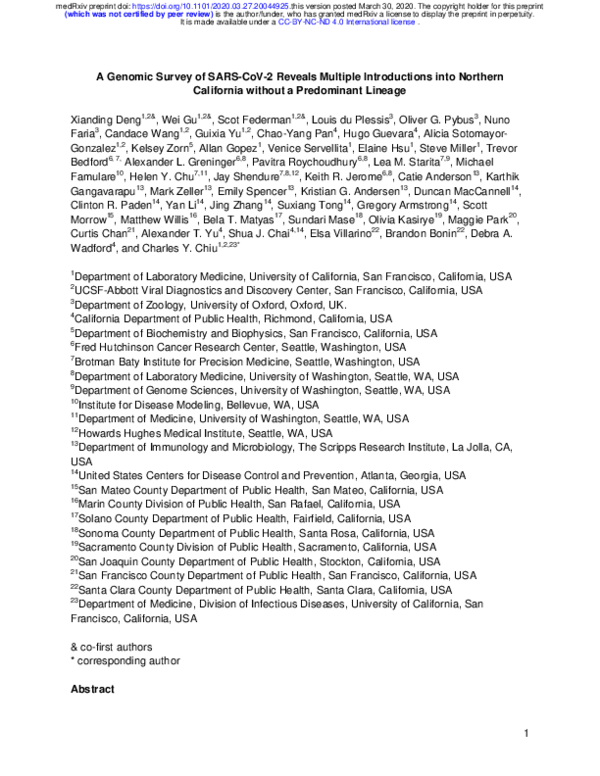 (PDF) A Genomic Survey of SARS-CoV-2 Reveals Multiple Introductions ...