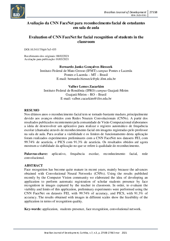 (PDF) Avaliação Da CNN Facenet Para Reconhecimento Facial De Estudantes ...