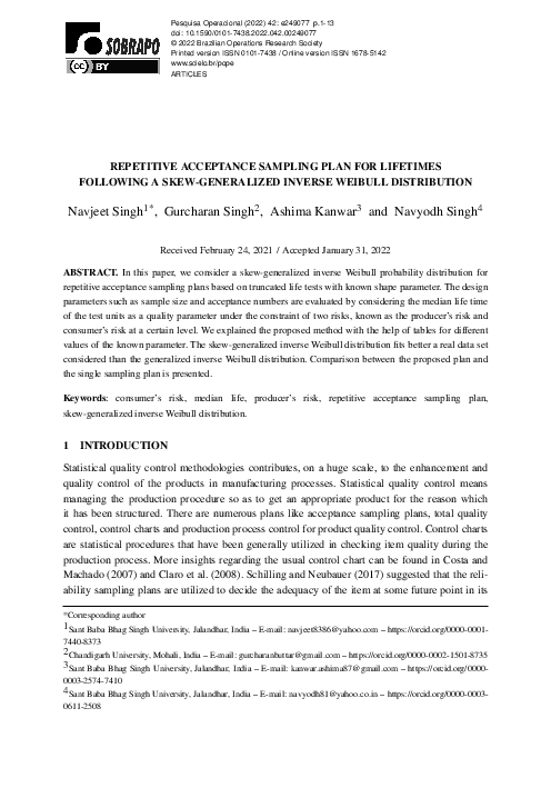 (PDF) Repetitive Acceptance Sampling Plan for Lifetimes Following a ...