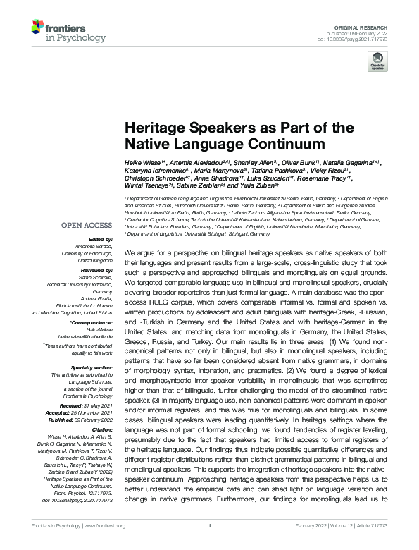 (PDF) Heritage Speakers as Part of the Native Language Continuum
