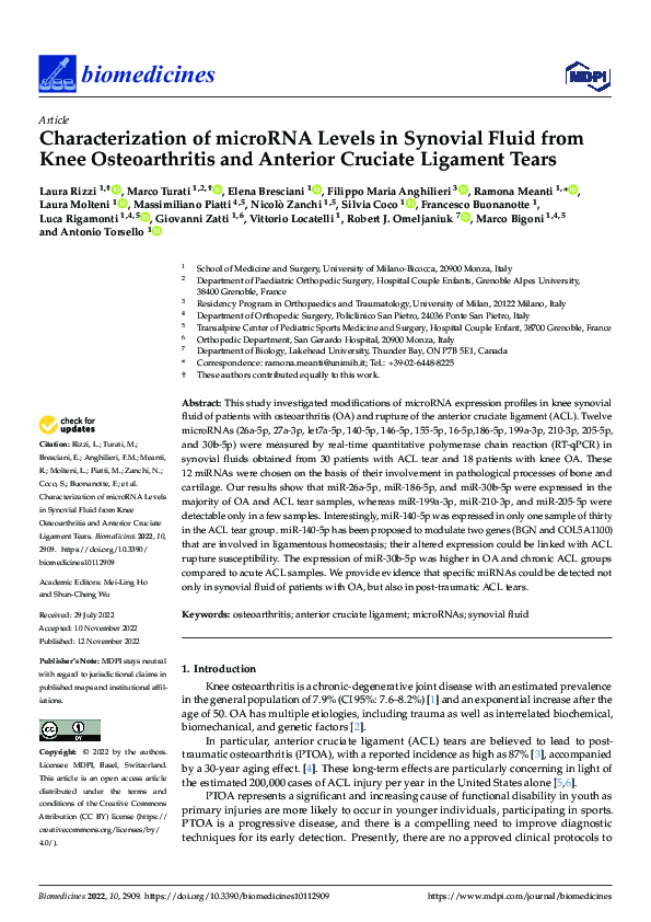 (PDF) Characterization of microRNA Levels in Synovial Fluid from Knee ...