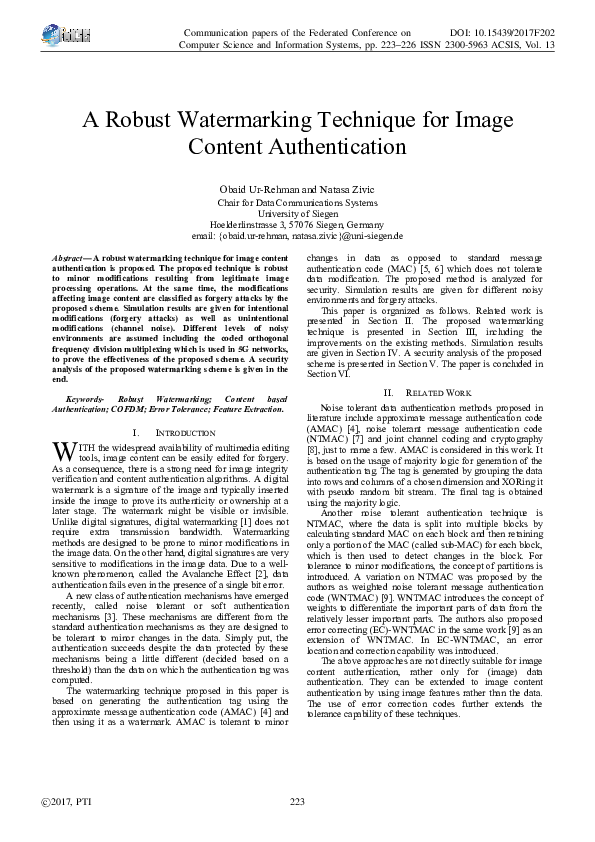 (PDF) A Robust Watermarking Technique for Image Content Authentication