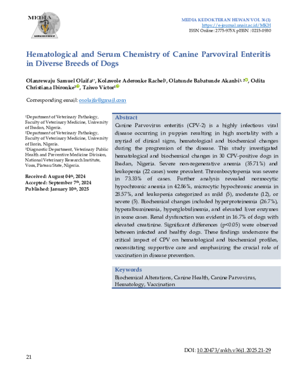 (PDF) Hematological and Serum Chemistry of Canine Parvoviral Enteritis ...