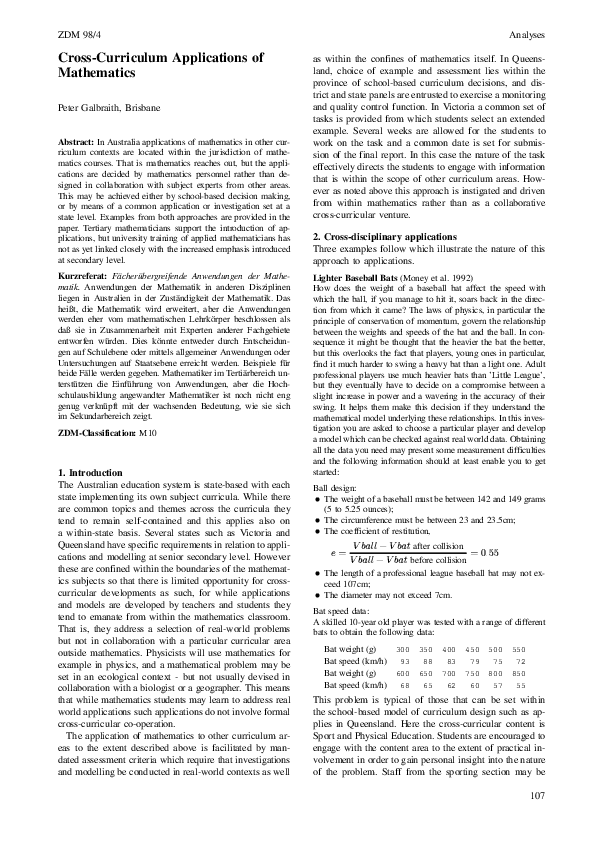 (PDF) Cross-curriculum applications of mathematics