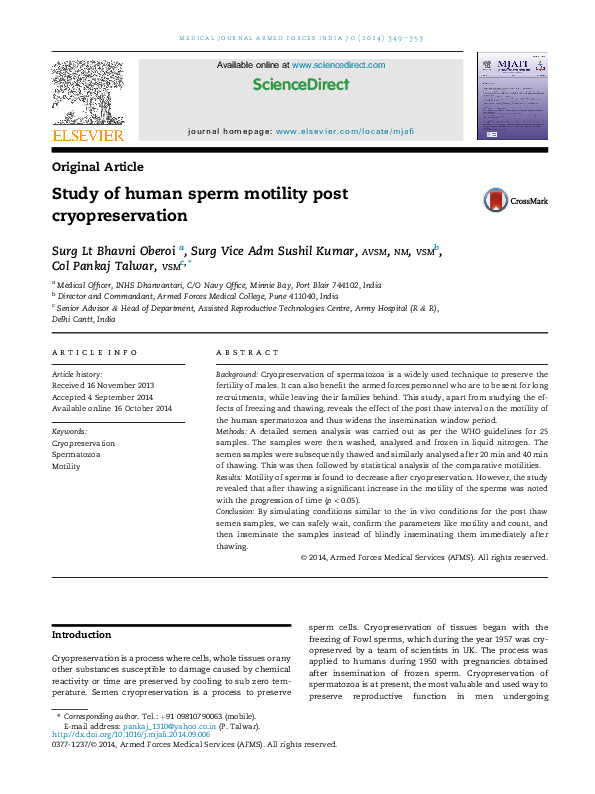 (PDF) Study of human sperm motility post cryopreservation