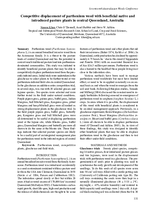(PDF) Competitive displacement of parthenium weed with beneficial ...