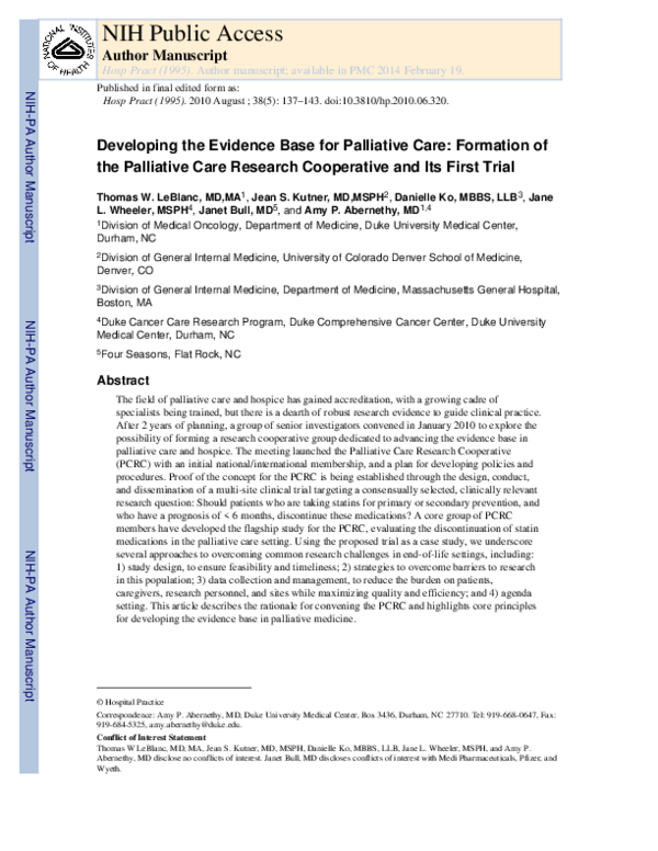 (PDF) Developing the Evidence Base for Palliative Care: Formation of ...