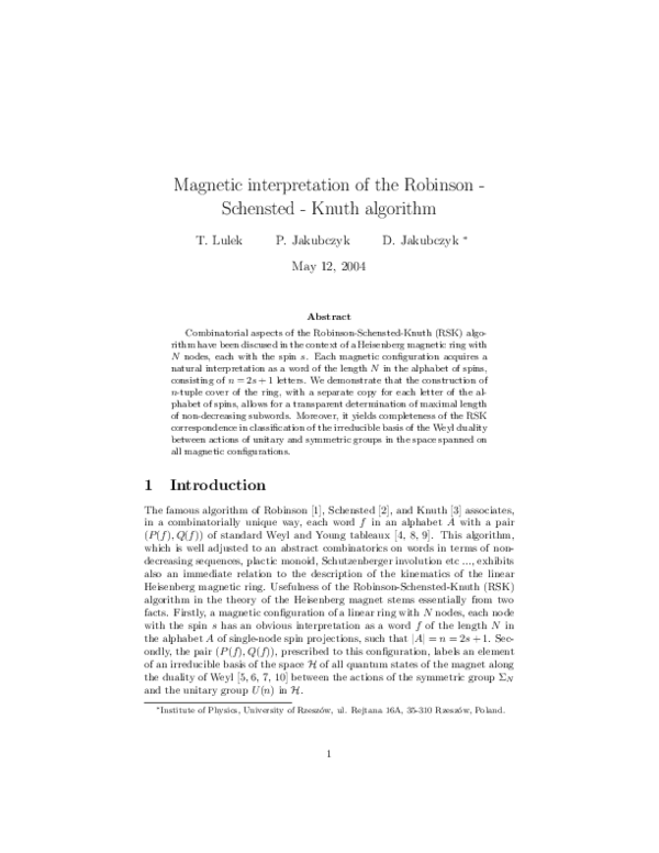 (PDF) Magnetic interpretation of the Robinson–Schensted–Knuth algorithm