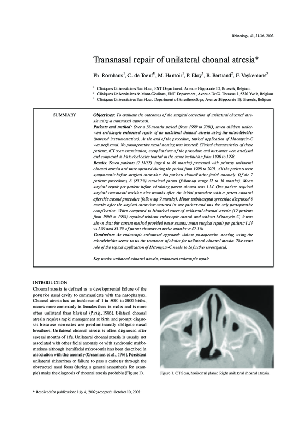(PDF) Transnasal repair of unilateral choanal atresia