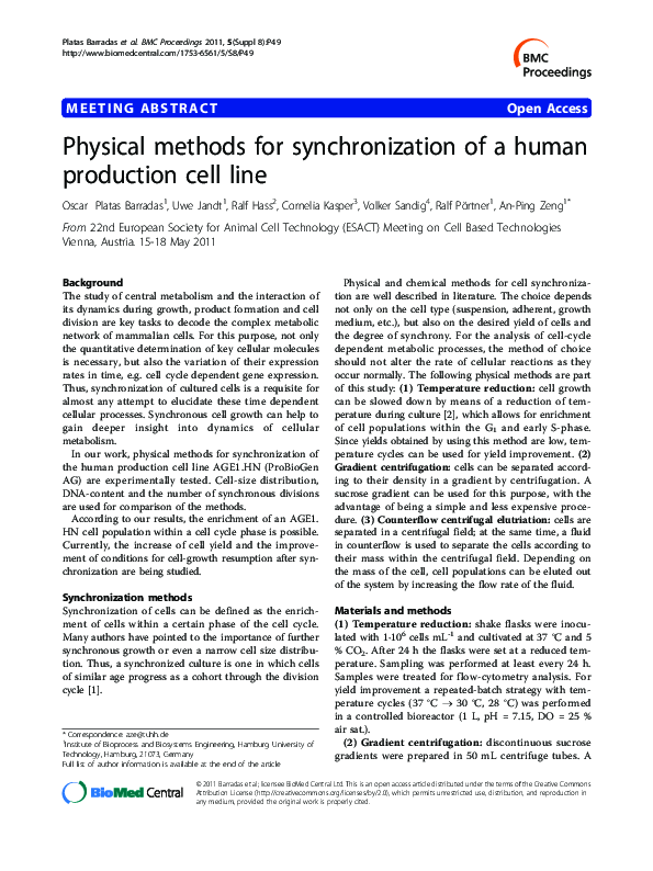 (PDF) Physical methods for synchronization of a human production cell line