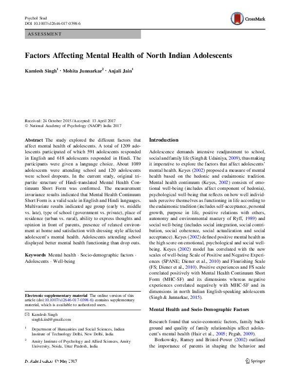 (PDF) Factors Affecting Mental Health of North Indian Adolescents