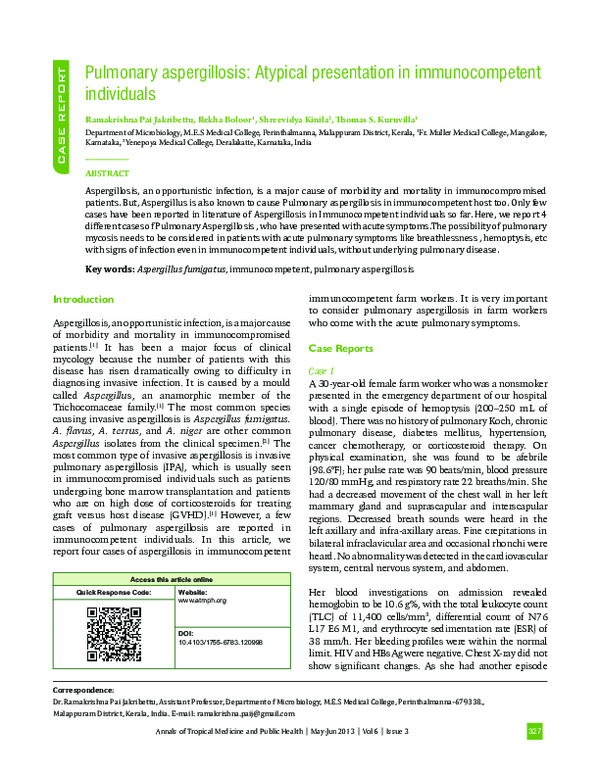 (PDF) Pulmonary aspergillosis: Atypical presentation in immunocompetent ...