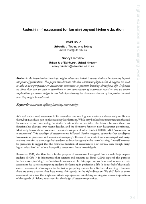 (PDF) Redesigning assessment for learning beyond higher education