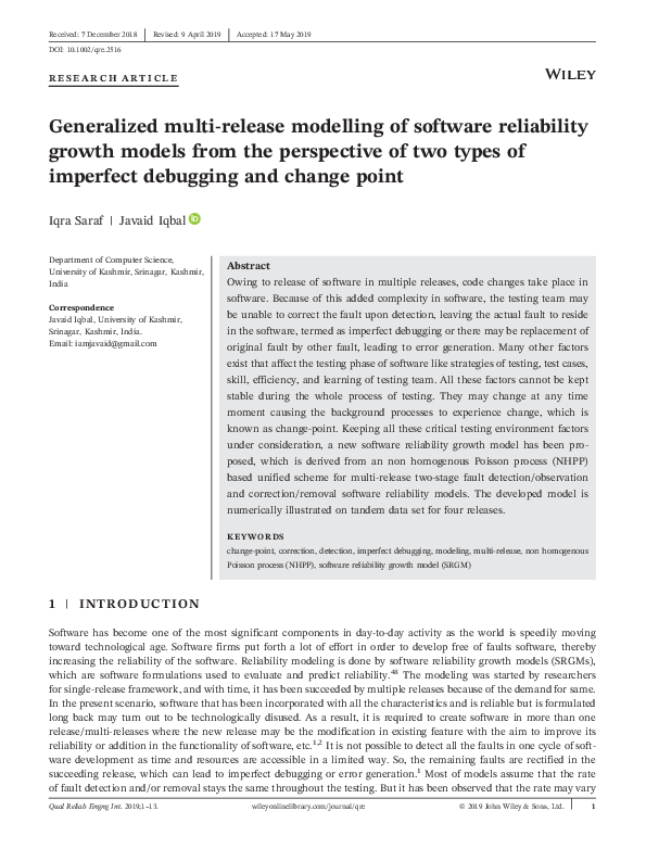 (PDF) Generalized multi‐release modelling of software reliability ...