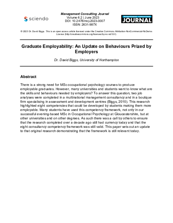 (PDF) Graduate Employability: An Update on Behaviours Prized by Employers