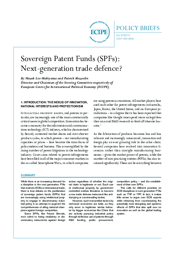 (PDF) Sovereign Patent Funds (SPFs): Next-generation trade defence?