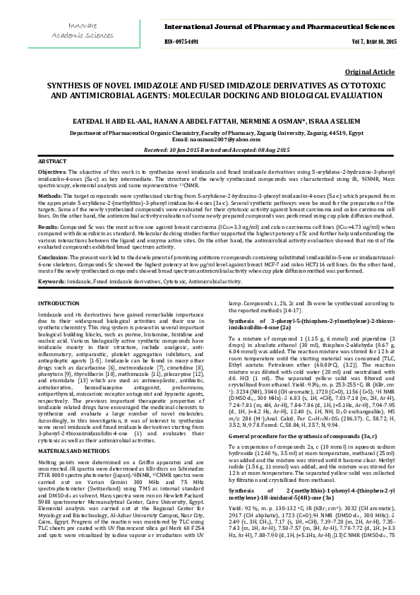 (PDF) SYNTHESIS OF NOVEL IMIDAZOLE AND FUSED IMIDAZOLE DERIVATIVES AS ...