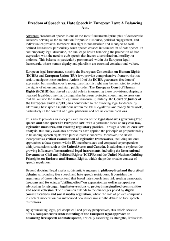 (PDF) Freedom of Speech vs. Hate Speech in European Law: A Balancing Act