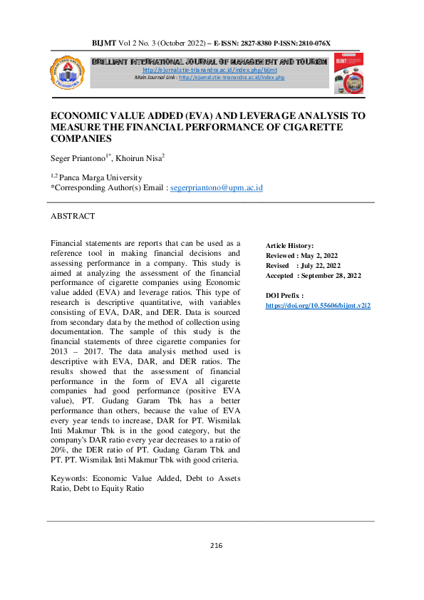 (PDF) Economic Value Added (Eva) and Leverage Analysis to Measure the ...